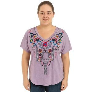 Coeur De Vague Women’s Lavender Graphic T-Shirt – Size Large Boho Embroidered
